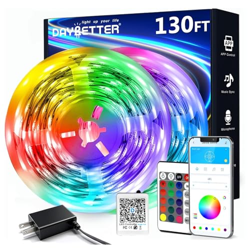 DAYBETTER LED Strip Lights 130 ft (2 Rolls of 65.6ft), LED Lights Smart App Control Lighting Bedroom Rome Decor with Remote, RGB Music Sync Color Changing LED Lights for Bedroom Party - size: 130FT