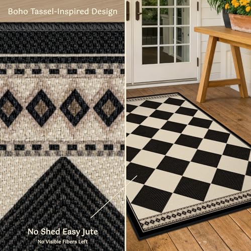 Black and White Checkered 2x5 Easy Jute Laundry Room Rug Runner, Laundry Floor Mat, Washable Non Slip Diamond Boho Carpet for Entryway, Bathroom, Kitchen, Checkerboard Modern Farmhouse Mat - color: Black White, size: 2' x 5' (Runner)