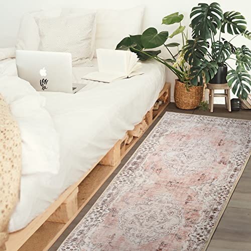 MUJOO Non Slip Boho Pink Runner Rug, Machine Washable for Hallways Entryway Kitchen Bathroom Bedside Retro Soft Low-Pile 2'x6' Blossom - color: Pink, size: 2' x 6' (Rectangular)