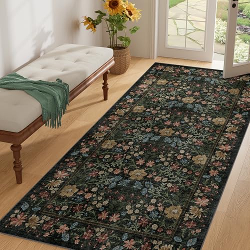 DUKINO 3x6 Kitchen Runner Rug, Washable Soft Vintage Floral Non Slip Runner Rug for Hallway, Low Pile & Non Shedding Indoor Carpet for Entryway, Kitchen, Hallway, Bathroom, Laundry, Bedroom, Black - color: Black, size: 3' x 6' (Rectangular)