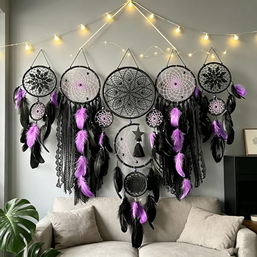 Set of 5 Boho, Hanging Large Boho Dream Catcher Wall Hanging Moon Dream Catcher Set Dream Catchers Wall Decor for Vintage Wedding Home Decorations (Black Purple) - color: Black Purple