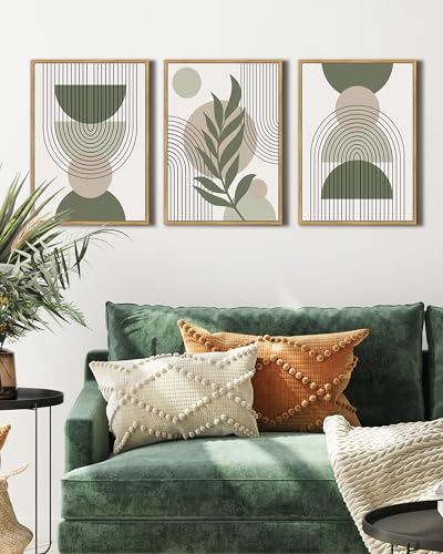 Drsoum 12x16in Boho Wall Art Green Sage Decor Framed Wood Modern Bohemian Abstract Geometry Canvas Prints Ready to Hang - color: green boho decor, Natural Framed, size: 12" x 16"