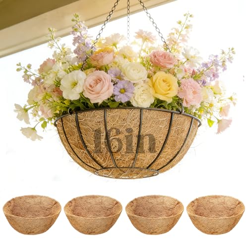 4Pcs 16inch Coconut Liners for Hanging Baskets Planters - Made of 100% Natural Coco Coir Fiber, Thick Breathable Round Liner for Outdoor Porch Garden Flower - size: 16in