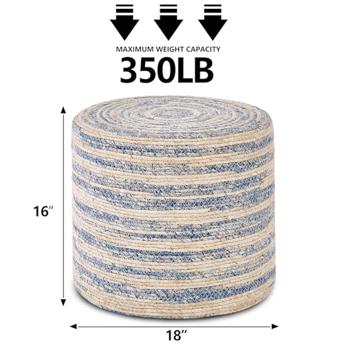Wimarsbon 18'' Ottoman Pouf, Natural Braided Poof, Rustic Handweave Lounge Pouffe, Boho Footrest Stool for Bedroom, Accent Table for Living Room (Blue Corn Husk) - color: 18inch Natural & Blue Corn Husk