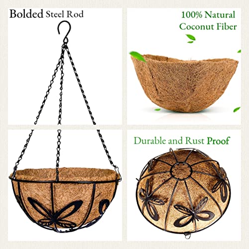 Kingbuy Metal Hanging Basket for Plant Planter with Coconut Fiber Liner Chain Wire Holder 12 Inch Flower Pot Indoor Outdoor Patio Lawn Garden Decor, Butterfly Pattern, 2 Pack - size: 12 Inch, style: Butterfly