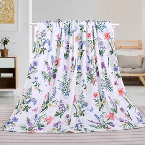 Spring Floral Flower Throw Blanket Wildflower Butterfly Blankets Green Plant Leaf Flannel Fleece Bed Blanket Soft Cozy Fuzzy Throw Blanket for Women Couch 50” x 60” - color: Purple, size: 50" X 60"
