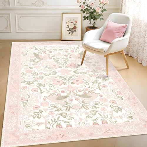 5'x7' Area Rugs Washable,Pink Rug for Living Room Bedroom,Large Boho Botanical Farmhouse Bohemian Distressed Oriental Carpet Non Slip,Blush Floral Bird - color: Pink Floral Bird, size: 5'x7'
