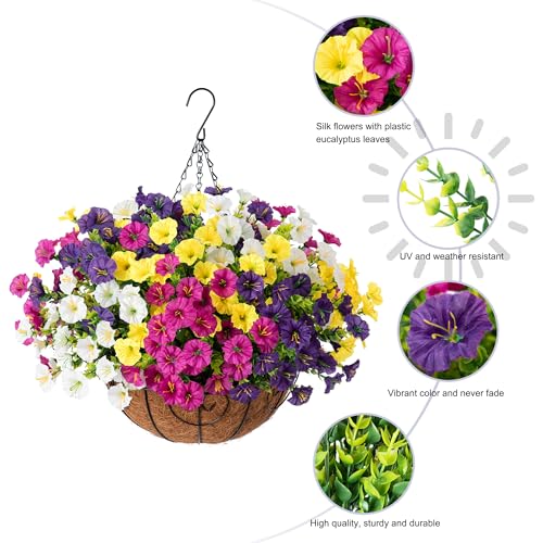 Artificial Faux Hanging Plants Flowers Basket for Spring Summer Outdoors Decoration, Fake Silk Colorful Morning Glory with Eucalyptus Look Real UV Resistant for Outside Porch Patio Balcony Garden Home - color: Multi-color (3 Fuchsia, 3 Purple, 3 Yellow, 3
