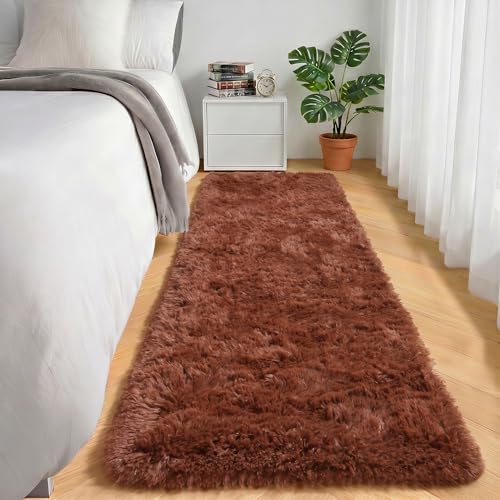 ONASAR Brown Runner Rugs for Bedroom Living Room, Fluffy 2x6 Bedside Hallway Area Rug, Ultra Soft Plush Furry Faux Fur Non Slip Floor Carpet for Nursery Kids Dorm Closet Home Decor - color: Brown, size: 2' x 6' (Runner)