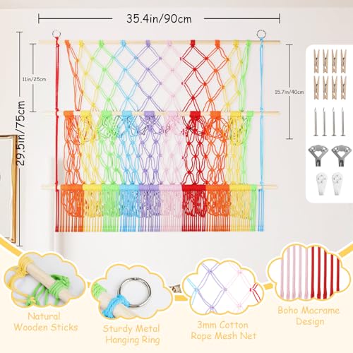 2 Tier Stuffed Animal Storage Shelf Net, 35x30'' Large Plushie Net w/ 2.4/1'' Dense Mesh for Mini Medium Stuffy Teddy, Rainbow Boho Macrame Toy Holder Display w/ Lights&Clips for Nursery Kid Girl Boy - color: Rainbow, size: Large-2 Tier-35x30 Inch