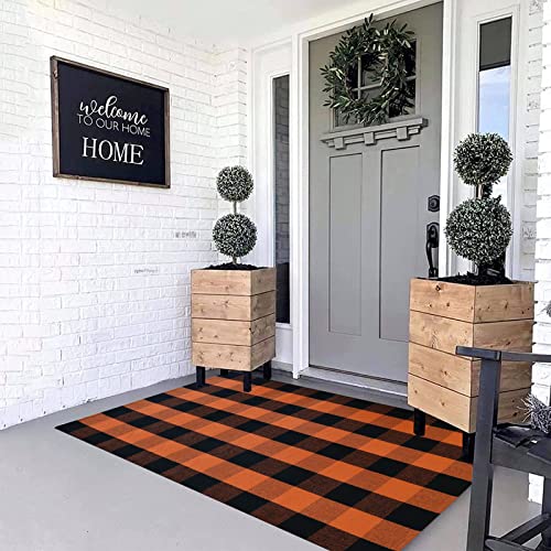 MUBIN Cotton Buffalo Plaid Rug, 3' x 5' Orange Black Outdoor Rug Front Door Decorative Mat, Washable Halloween Doormat Foldable Area Rug Layered Door Mats Rug for Front Porch, Entryway, Patio - color: Orange Black Plaid, size: 3' x 5' (Rectangular)