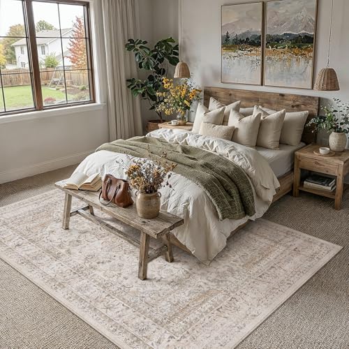 8x10 Washable Area Rug Beige Vintage Non Slip Soft Low Pile Rug for Living Room Bedroom Dining Room Office Distressed Oriental Indoor Large Throw Carpet for Home Decor - color: Light Beige, size: 8' x 10' (Rectangular)