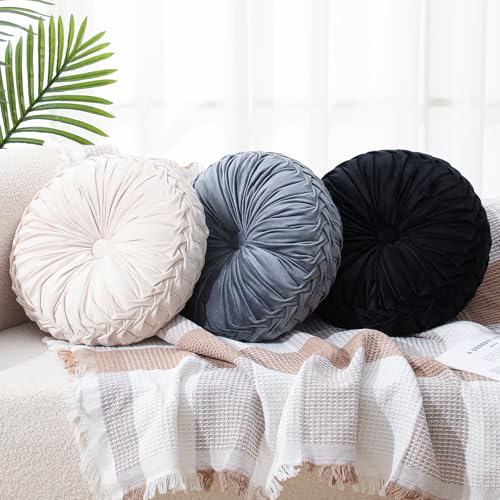 Drydiet 3 Pcs Round Throw Velvet Pillows Decorative Pleated Throw Pillows Diameter Accent Pumpkin Boho Chair Cushion for Couch Sofa Home Decoration (Black,White,Gray,15'') - color: Black, White, Gray, size: 15''