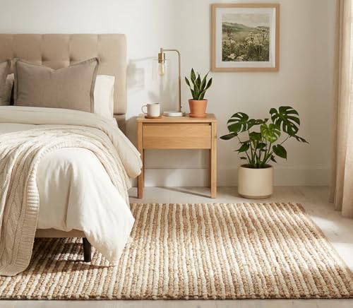 FRELISH DECOR Area Rug 4x6 feet - Premium Wool and Jute Blend Handwoven Rugs - Natural Fiber Chunky Stripe Rugs for Living Room, Bedroom, Hallways, Dining Area: Natural Ivory - size: 4' x 6' (Rectangular)