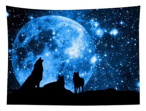 HVEST Wolf Tapestry Wolves on Mountain Wall Hanging Full Moon in Starry Sky Tapestries for Kids Bedroom Living Room Dorm Party Wall Decor,80Wx60H inches - color: Blue, size: 60"L x 80"W