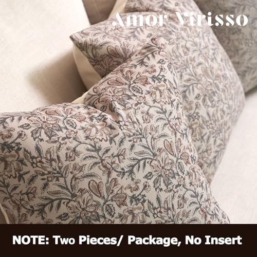 Amor Virisso Floral Throw Pillow Covers 20x20 Set of 2 Vintage Block Print Pillow Covers Decorative Pillow Covers Couch Pillows for Living Room Farmhouse Accent Sofa Pillows, Green/Sand - color: Green/Sand, size: 20" x 20" (Pack of 2)