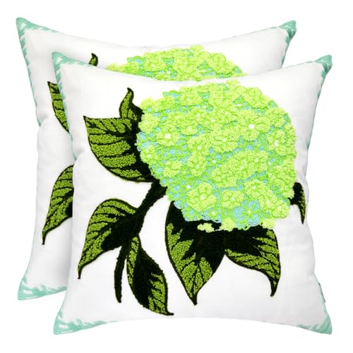 Alysheer Spring Hydrangea Embroidered Decorative Throw Pillow Covers 18"x 18" Set of 2, Summer Floral Tufted Patterned Green Cotton Cushion Cases for Couch Bed Living Room Decor - color: Hydrangea Green, size: 18" x 18" (Pack of 2)