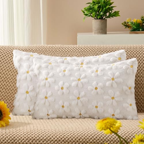 DFXSZ Spring Summer Pillow Covers 12x20 inch Set of 2 Farmhouse Decor Yellow Flower Heart Daisy Soft Plush Faux Fur Jacquard Throw Pillows for Bedroom Sofa Holiday Spring Summer Home Decor PTK024A12 - color: White Daisy, size: 20" x 12" (Pack of 2)