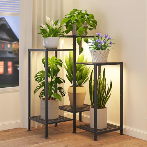 iDavosic.ly Indoor Plant Stand with Grow Light, Metal 6 Tier Corner Flower Holder Shelf Outdoor for Large Pots, Tall Rack for Patio Porch Balcony Living Room, Black - color: Black with Light, size: 6 Tiers