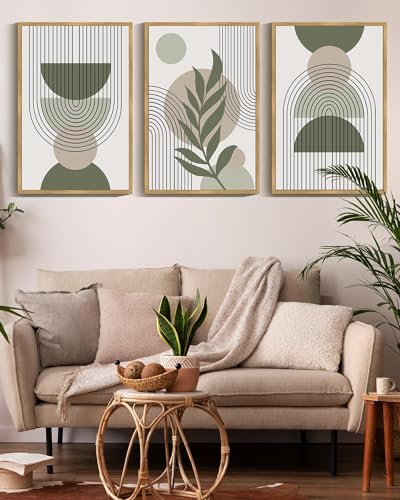 Drsoum 16x24in Large Boho Wall Art Green Sage Decor Framed Wood Modern Bohemian Abstract Geometry Canvas Prints Ready to Hang for Bedroom - color: green boho decor, Natural Framed, size: 16" x 24"