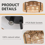 Rattan Ceiling Light Fixture 4-Light Farmhouse Ceiling Light 17.7" Boho Flush Mount Ceiling Lights for Dining Room Kitchen Bedroom Living Room, E26 Base (Not Included Blub)