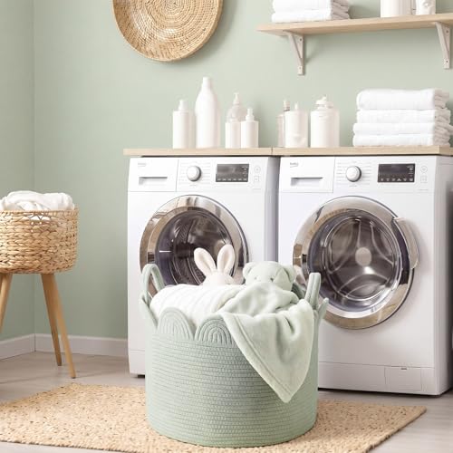 LemonRoad Sage Green Round Basket Large Blanket Basket 15.8"L x 15.8"W X13.8"H Scalloped Woven Baskets Cotton Storage Baskets for Nursery Classroom Closet Blankets Storage Home Decor - color: Sage Green, size: 15.8" L X 15.8" W X13.8" H