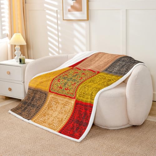 Feelyou Boho Fleece Throw Blanket Queen 90"x90" Vintage Aztec Print Plush Sherpa Blanket Southwesten Bohemia Orange Yellow Room Decor - color: Orange Yellow, size: Queen