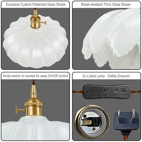 Plug-in Pendant Light Fixture, Hanging Light Fixture, Glass Pendant Light, Swag Lamp with Inline On/Off Switch for Kitchen Island, Bedroom, Dining Room, Living Room (White, 15 Ft Cord) - color: White, size: 15 ft