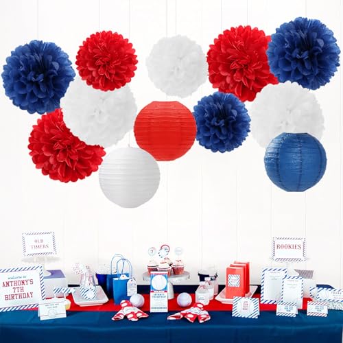Fourth-4th Of July Imemorial-Day Party-Decorations - 15pcs Red White Blue Paper-Flowers Lanterns,Patriotic Graduation Tissue Pom Poms Streamers,Independence Veterans Hanging Supplies Decor Hugfond - color: Red Blue