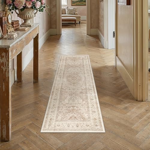 2x6 Beige Washable Vintage Area Rug for Living Room Bedroom Soft Tranditional Non Slip Runner Rug Lightweight Floral Low Pile Distressed Runner Entrance Laundry Room Hallway - color: Vintage | Beige, size: 2'x6'