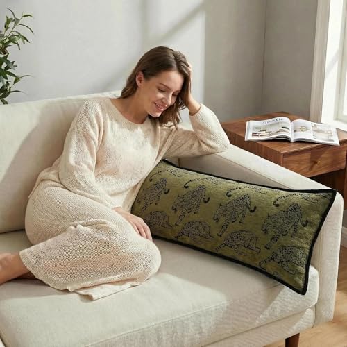 Mantle & Mason Leopard Lumbar Pillow Decorative 14x36 Inch Long Pillow Case Accent Pillows for Couch Bed Living Room Throw Pillow Case Cover Cushion Cover Dark Green - color: Leopard Green, size: 36" x 14" (Pack of 1)