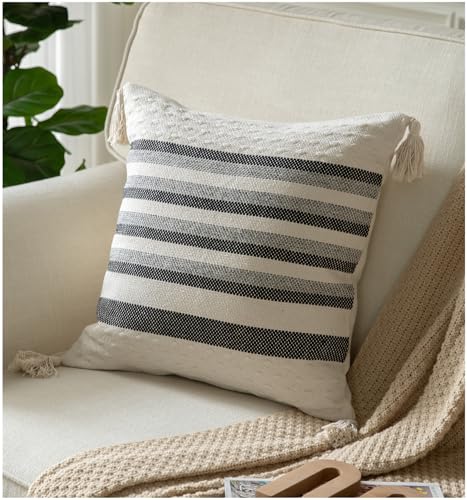 Caflife Boho Throw Pillow Covers 20x20 Decorative Pillows for Bed, Neutral Pillows Cover with Tassels for Modern Farmhouse Couch Sofa Living Room Outdoor Cushion, Pack of 1, Beige with Black Line - color: Black Beige, size: 20" x 20" (Pack of 1)
