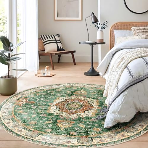 Green Round Rug 5ft, Circle Boho Area Rugs for Bedroom Living Room Bedside,Washable Vintage Bohemian Distressed Oriental Floral Carpet Non Slip,Retro Sage Floral - color: Green, size: 5'x5'