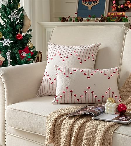 Caflife Boho Christmas Throw Pillow Covers 12x20 Set of 2, Holiday Christmas Decorative Pillow Covers Beige with Red Line for Modern Farmhouse Couch Sofa Bedroom Living Room Outdoor - color: Red Beige, size: 20" x 12" (Pack of 2)