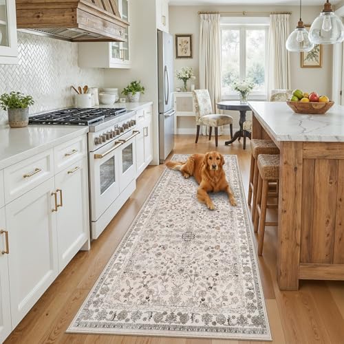 3x8 Hallway Runner Rug Washable Non-Slip – Boho Floral Soft Wide Carpet Runner for Kitchen Entryway Bathroom Bedroom – Low-Pile Thin Floor Mat with Rubber Backing (Beige,3x8) - color: Beige, size: 3' x 8' (Rectangular)