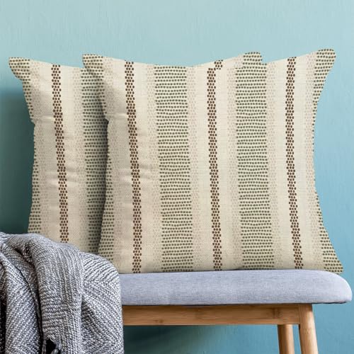 Boho Pillow Covers 16x16 Set of 2 Sage Green Brown Stripes Throw Pillow Covers Outdoor Decorations Modern Abstract Decorative Pillowcase Farmhouse Linen Cushion Case Decor for Home Couch Sofa - color: Boho-green Brown, size: 16" x 16" (Pack of 2)