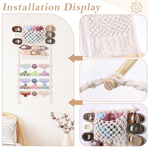 SNOWSTAR Macrame Hair Claw Clip Organizer,Large Capacity Mesh Bag Scrunchies Holder and Hair Ties Organizer for Women Girls,Hair Accessorie Hanging Storage Home Decor Wall,Door - color: White