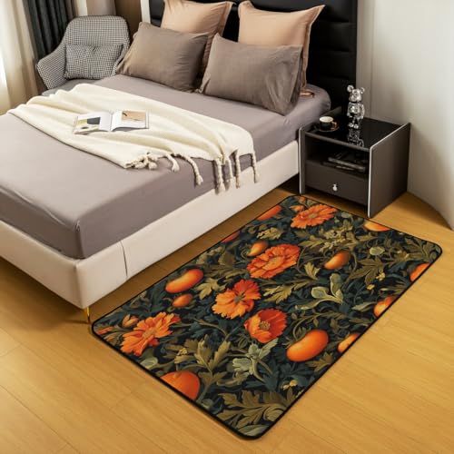 Erosebridal Boho Floral Area Rug 4'11" x 3'3" Vintage Leaves Living Room Rugs Nature Wild Botanical Decorative Carpet Orange Green Indoor Floor Mat - color: Black Orange, size: 3'3" x 4'11" (Rectangular)