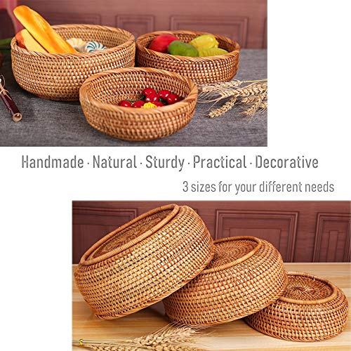 Hadewoven Round Rattan Fruit Basket Wicker Food Tray Weaving Storage Holder Dinning Room Bowl, 9 Inch Woven Bread Basket Key Bowls with 3.5”Wall for Table, Countertop (Medium 8.66") - size: Medium 8.66"