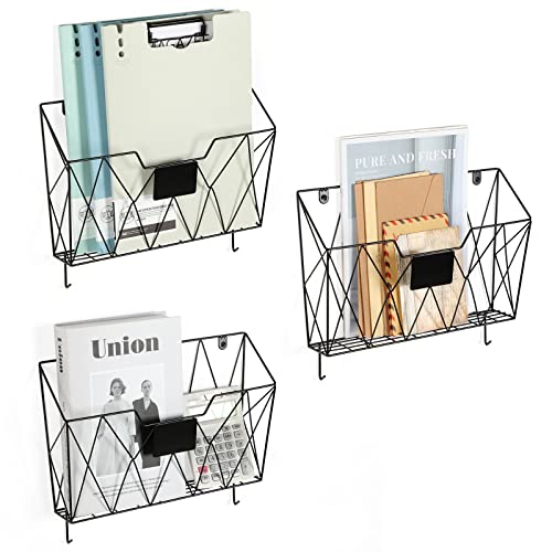 OYEAL Hanging Wall File Organizer Metal Wall File Holder 3 Pockets Mail Organizer Wall Mounted with Hooks for Office Home, Black