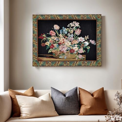 AureoMadis Vintage Woven Tapestry Wall Hanging - Victorian Style Floral Bouquet Jacquard Art, Classic Still Life Flower Basket Decor for Living Room, 36.5 x 28 Inch - color: Dark：Flower Basket Scene