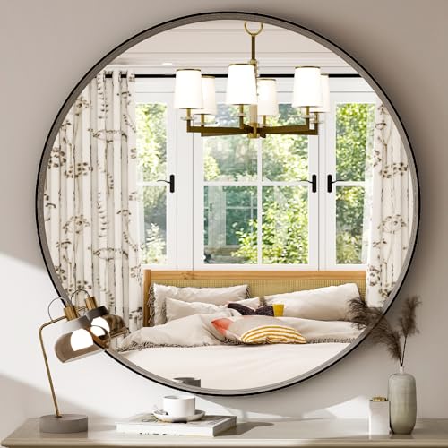32 Inch Round Bathroom Mirror - Wall Mounted Circle Mirror with Metal Frame, Modern Home Suitable for Bathroom, Vanity, Entryway, Living Room, Wall Decor,Black - color: Black, size: 32"L x 32"W