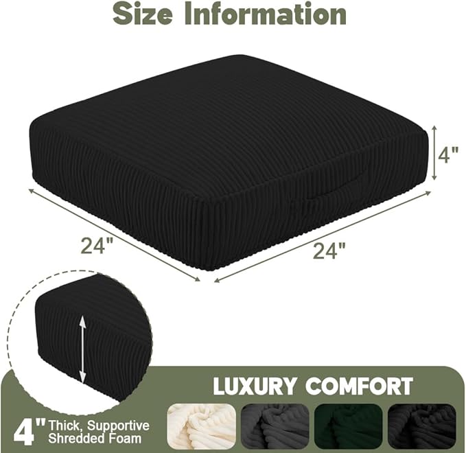 Floor Pillow for Adults, 4" Square Floor Cushions with Washable Cover, Large Corduroy Meditation Pillow, 24 inches Tatami Seat with Handle for Living Room or Yoga, Black