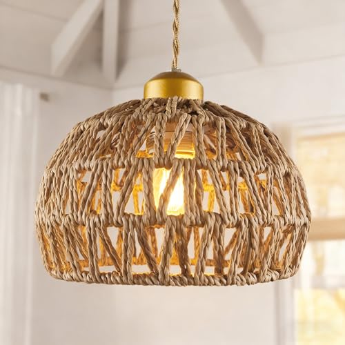 Boho Rattan Pendant Light, Adjustable Hanging Light Fixture with Natural Woven Shade, E26 Base Compatible for Kitchen Island, Bedroom, Living Room (Bulb Not Included) - color: 7.5”hemispherical shaped