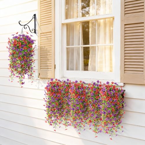 INQCMY Artificial Hanging Flower Baskets for Spring Outdoor Decoration Fake Plants UV Resistant Faux Silk Daisy with Eucalyptus Leaves Realistic Look for Home Porch Patio Yard - color: Red Purple