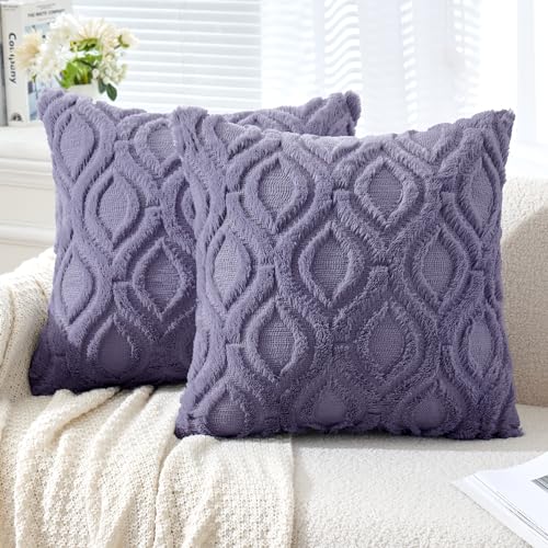 MIULEE Blue Purple Throw Pillow Covers 20x20 Inch, Soft Winter Plush Faux Wool Couch Pillow Covers Set of 2 Decorative Farmhouse Boho Throw Pillows for Sofa Living Room Bed - color: Blue Purple, size: 20" x 20" (Pack of 2)