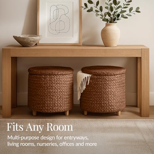 Best Choice Products 17" Round Storage Ottoman W/Lid, Handwoven Water Hyacinth Footstool, Footrest w/Wooden Legs, Accent Side Table, Storage Container, Plant Stand - Chestnut - color: Chestnut