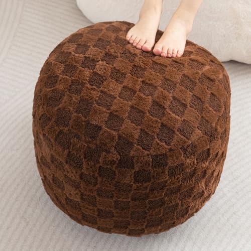 HIGOGOGO Round Stuffed Pouf Ottoman, Plaid Poufs with Foam Chunk Filling, Fluffy and Furry Pouf Foot Stool Storage Ottoman, 20 X 15 Floor Poufs Foot Rest for Living Room, Coffee - color: Plaid Coffee, size: 20"D x 20"W x 15"H