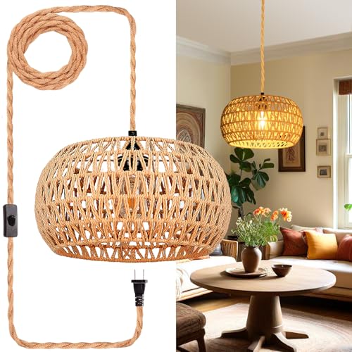 Hanging Lights with Plug in Cord Rattan Hanging Lamp Boho Ceiling Light Fixtures Farmhouse Pendant Lamp Shape for Living Room Bedroom Kitchen - size: 12.6 Inch-Drum Shade