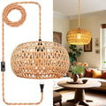 Hanging Lights with Plug in Cord Rattan Hanging Lamp Boho Ceiling Light Fixtures Farmhouse Pendant Lamp Shape for Living Room Bedroom Kitchen - size: 12.6 Inch-Drum Shade